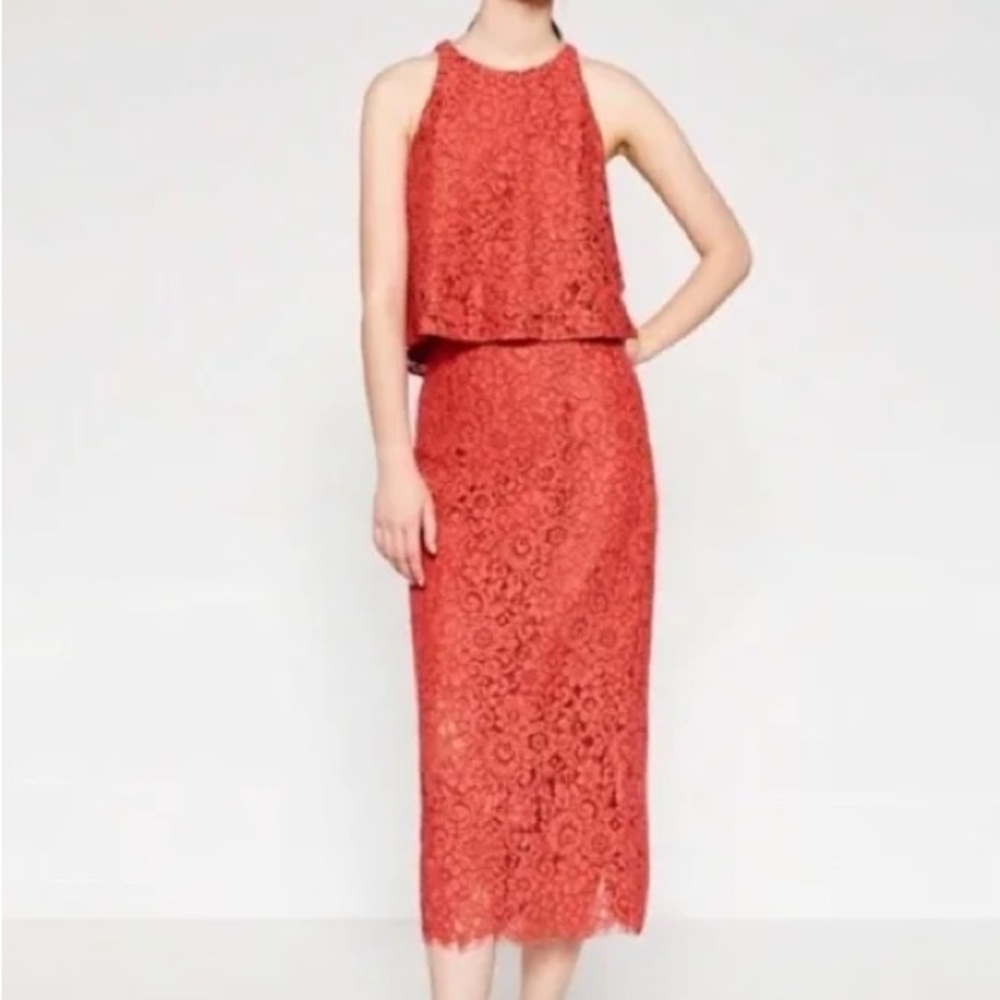 Zara Lace Midi Skirt in Coral, Lined, Women’s XS